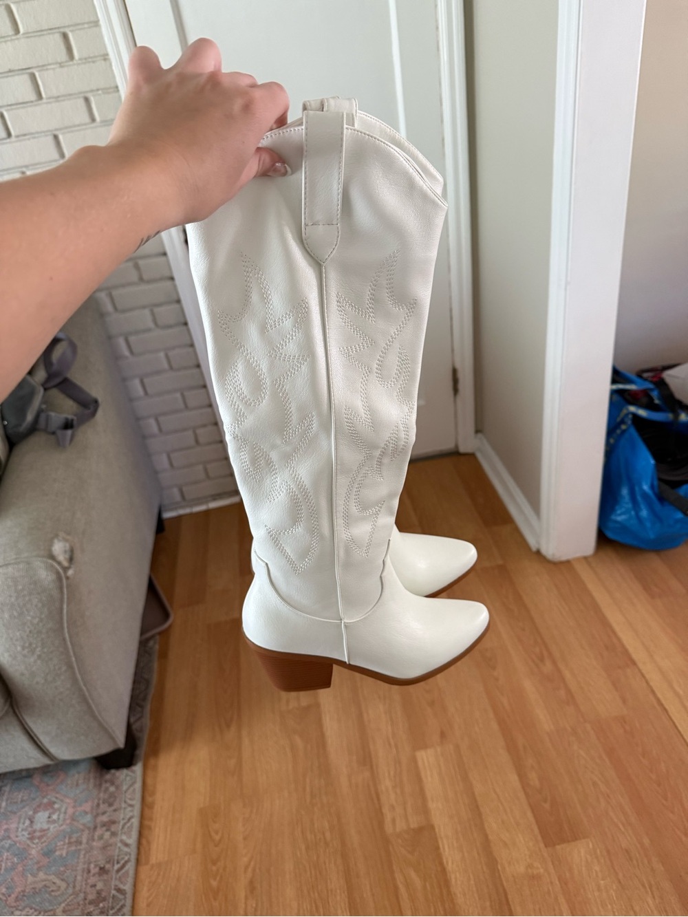 White Western Knee-High Boots with Low Block Heel